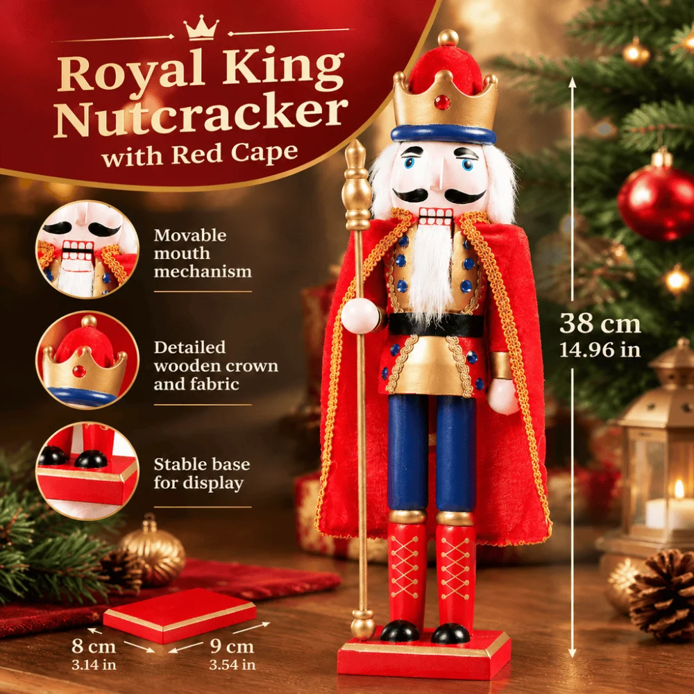 38CM Nutcracker Puppet Solider Merry Christmas Decoration Cloak King Wooden Doll Walnut Handcraft Figurine Home Office Decor
