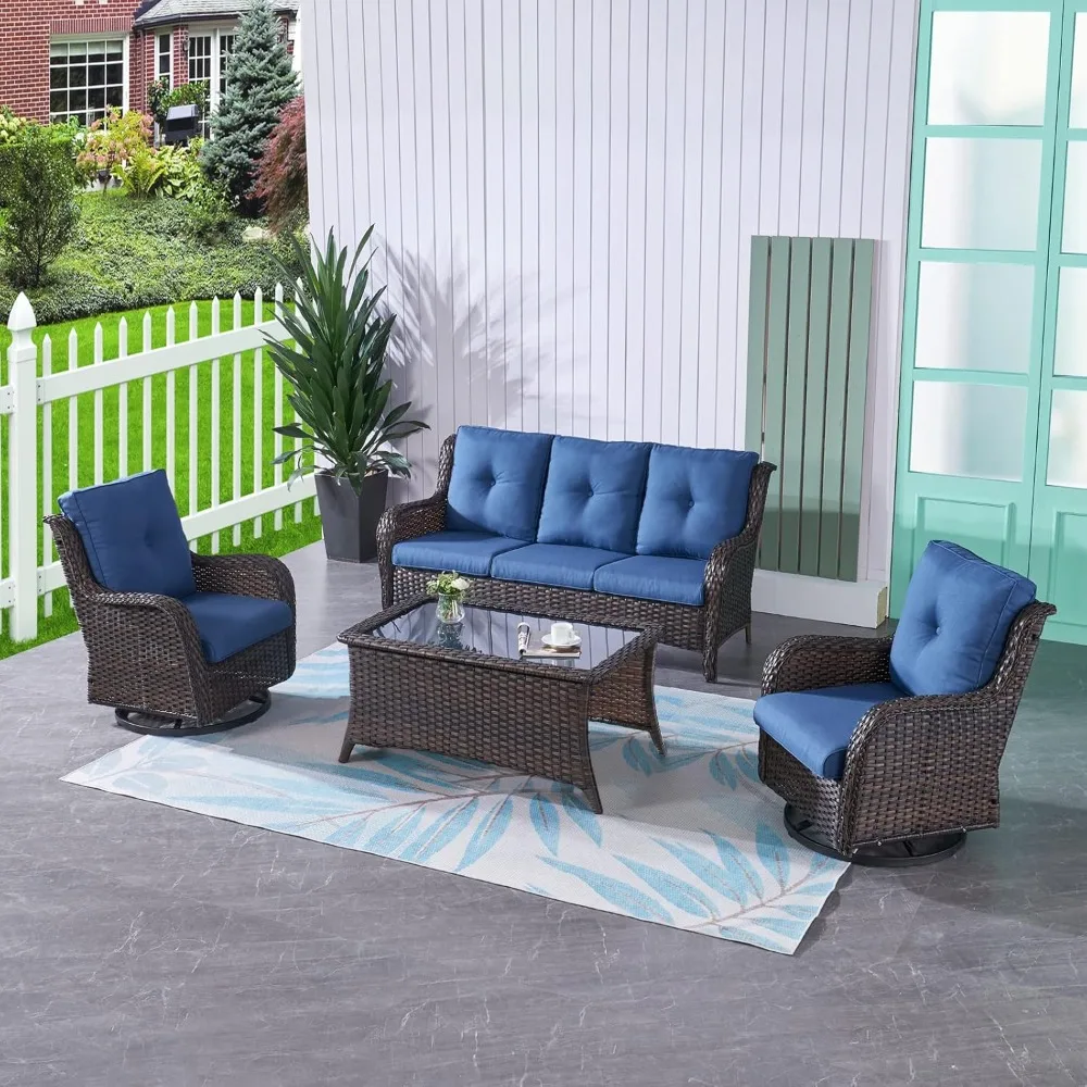 

4 Pieces Outdoor Furniture Patio Furniture Set Wicker Outdoor Sectional Sofa with Swivel Rocking Chairs, Outdoor Coffee