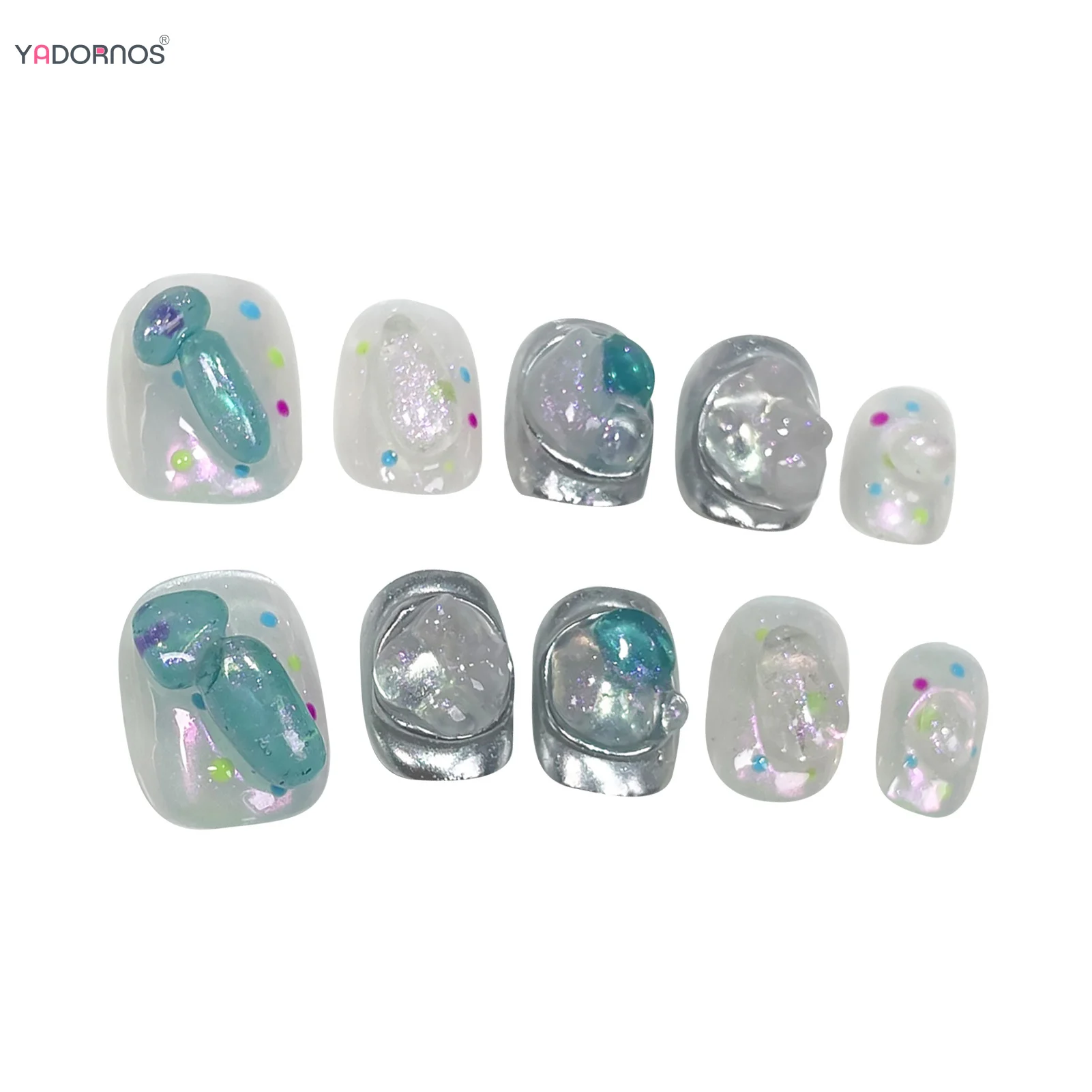 Unhas Postiças Clear Sliver, Curto em torno de unhas quadradas, Imprensa artesanal nos pregos, Glitter Rhinestone Decor, Manicure, Manicure, 10pcs