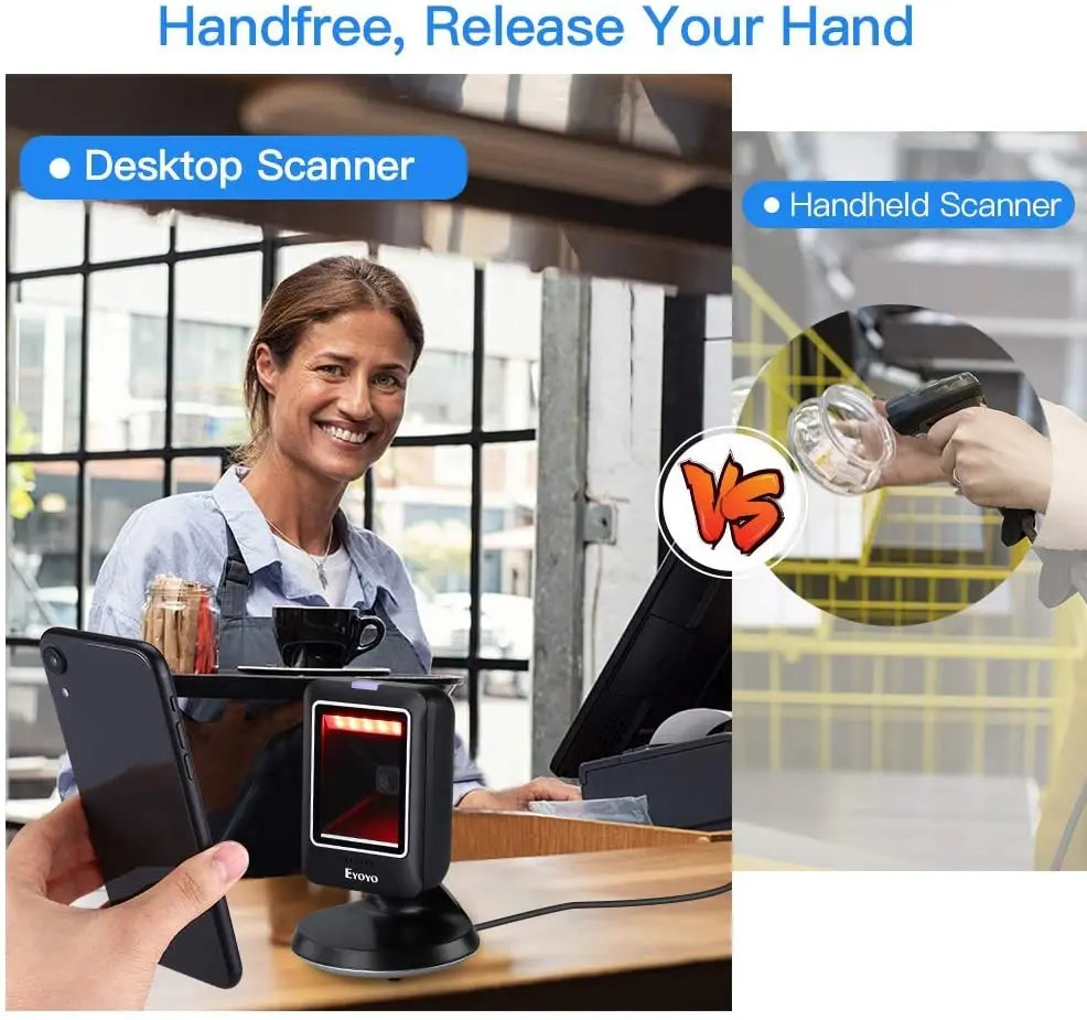 Scanner de codes-barres de bureau YOKO 2D 1D, scanner de plate-forme avec balayage à détection automatique, omnidirectionnel, mains libres, USB, filaire