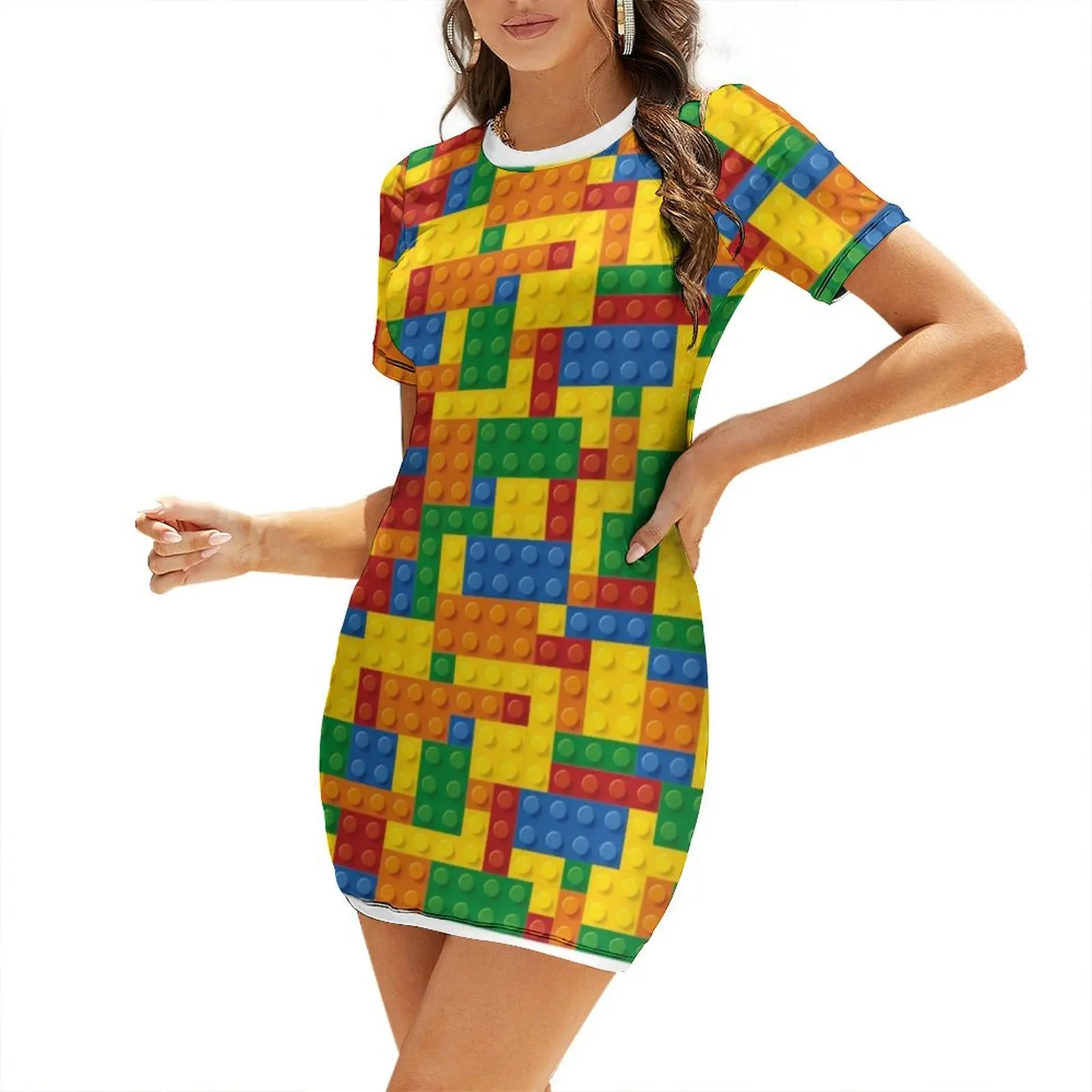 Colorful Building Bricks small plastic blocks Short Sleeved Dress summer outfits for women 2025 sexy short dresses daring