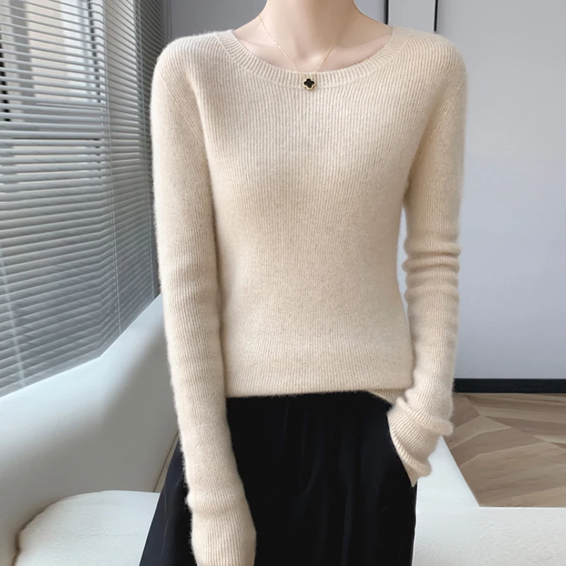 

% merino cashmere sweater women's sweater O-neck long-sleeved pullover warm and slim pullover top for autumn and winter.