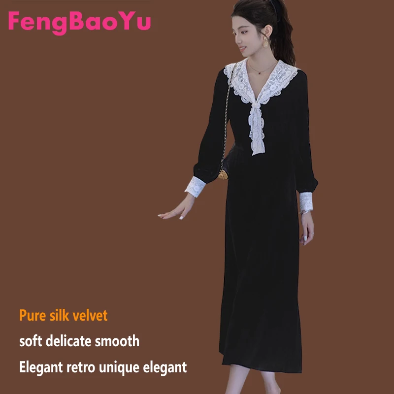 فستان نسائي مخملي من الحرير الطبيعي النقي مع رقبة على شكل حرف V من الدانتيل، يتميز بنمط قديم وأنيق، مناسب للنساء. لينة حساسة.