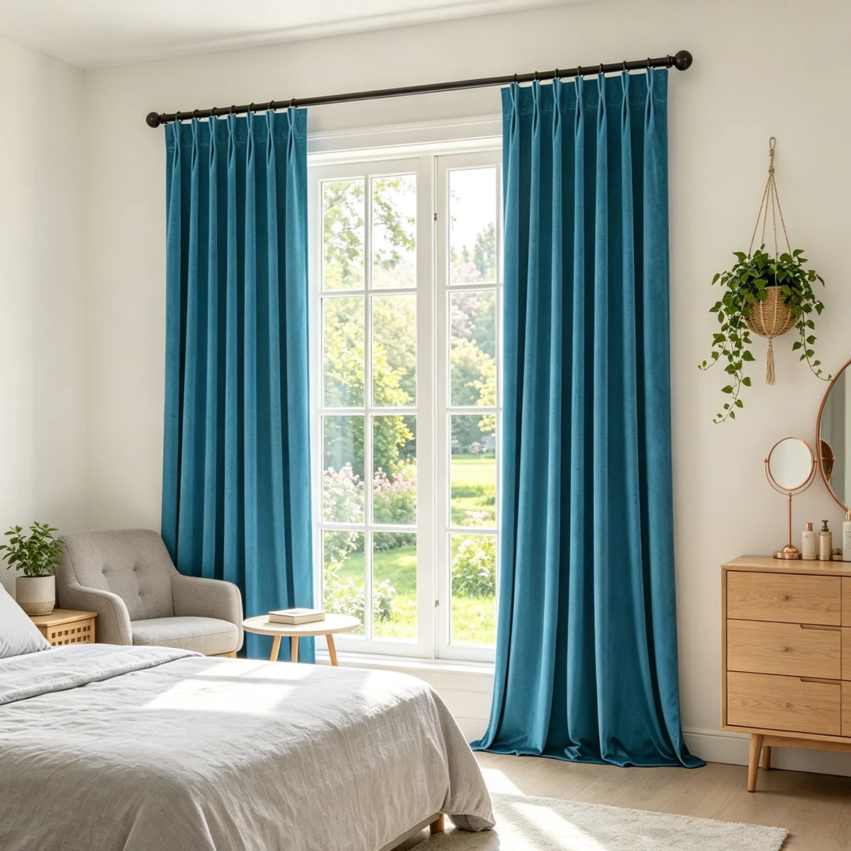 2 Panels Teal Velvet Semi Blackout Curtains, Hook Pleated Light Filter Drapes, Luxury Decor Curtains for Apartment Homestay