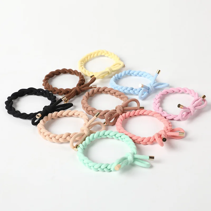 20PCS 8mm Wide Knotted Bows Braided Elastic Hair Bands Golden Caps Hair Ties Elasticity Ponytail Holder Hair Scrunchies