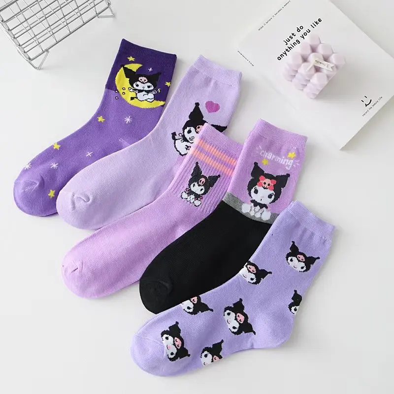 

5 Pairs kawaii Sanrio Kuromi Cartoon Pattern Crew Socks Soft Breathable Socks for All Seasons Wearing Women's Stockings Hosiery