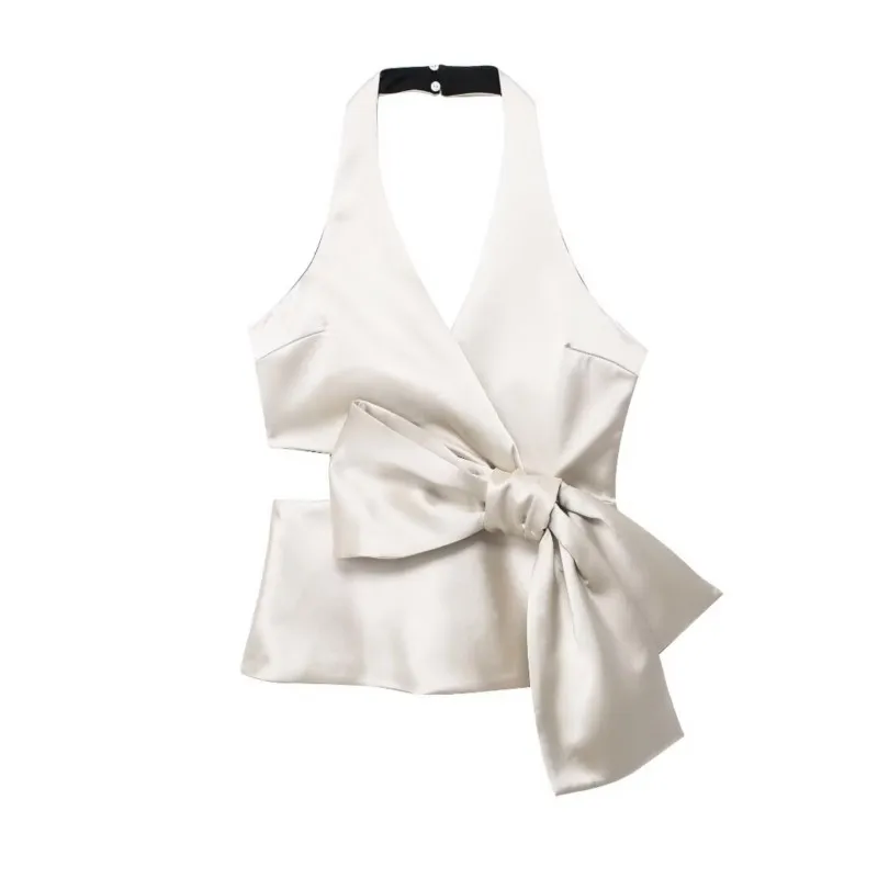 

Satin Top With Bow Women Summer Sexy Top Cut-out Detail on the Side of the Waist Slim Streetwear Style V-neck Halter Top