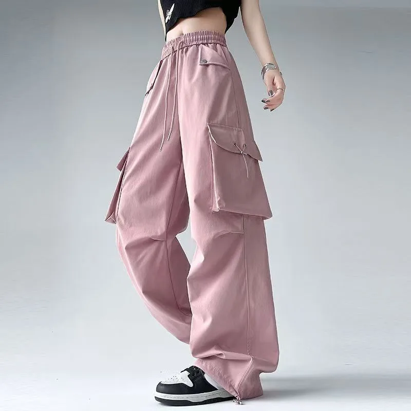 Y2K Loose Drawstring Cargo Pants Casual Pocket High Waist Solid Wide Leg Fashion Comfy Trousers Pink Black White Women Clothing