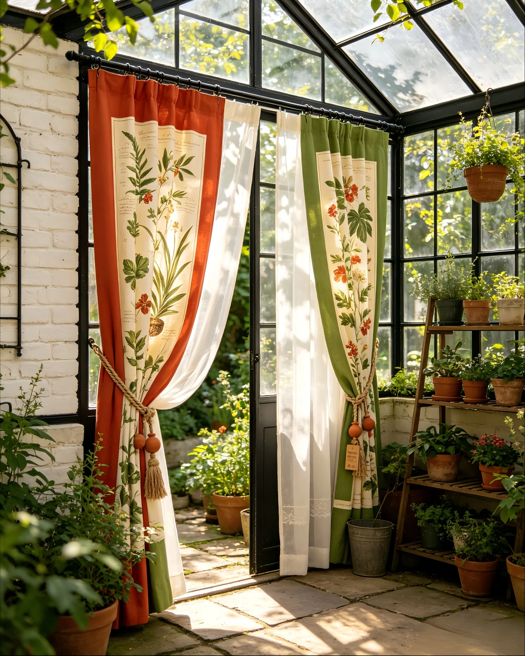 2003401   Sunshine Flower House Waterproof Polyester Plant Catalog Board Pattern Ceramic Pendant and Hemp Rope Curtain