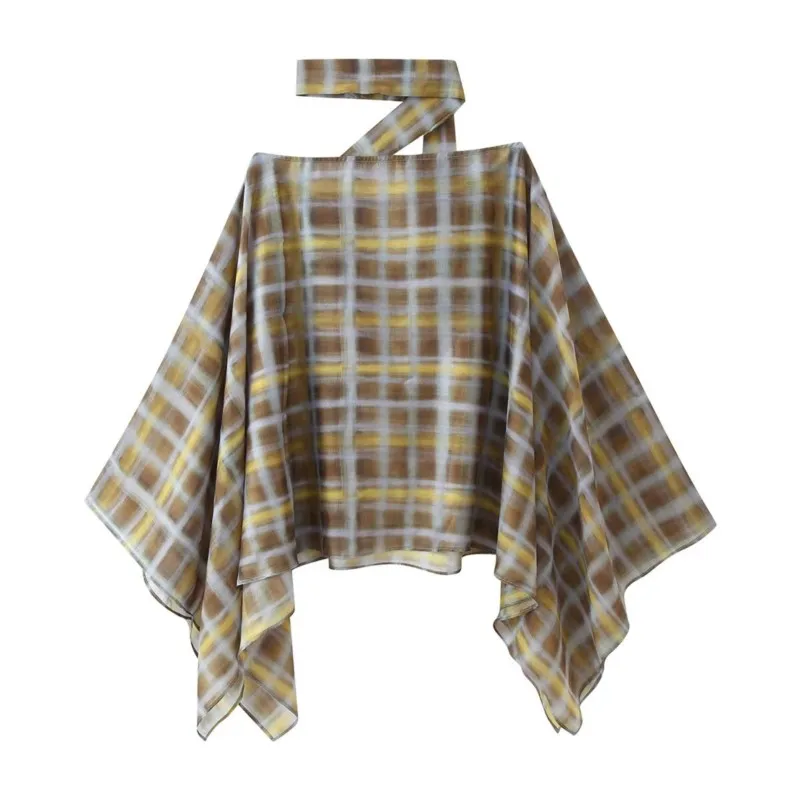 여성 체크무늬 스카프와 망토 세트 가을 비대칭 밑단 미디 스커트 투피스 O넥 긴팔 캐주얼 여성 의상