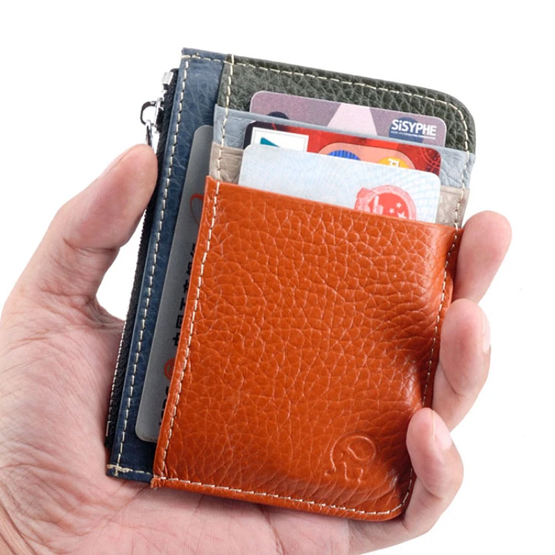 Real Leather Men Small Coin Money Bags Pocket Wallets Minimalism Pouch Zipper Credit Card Holder Ultra Thin Cards Cases Wallet