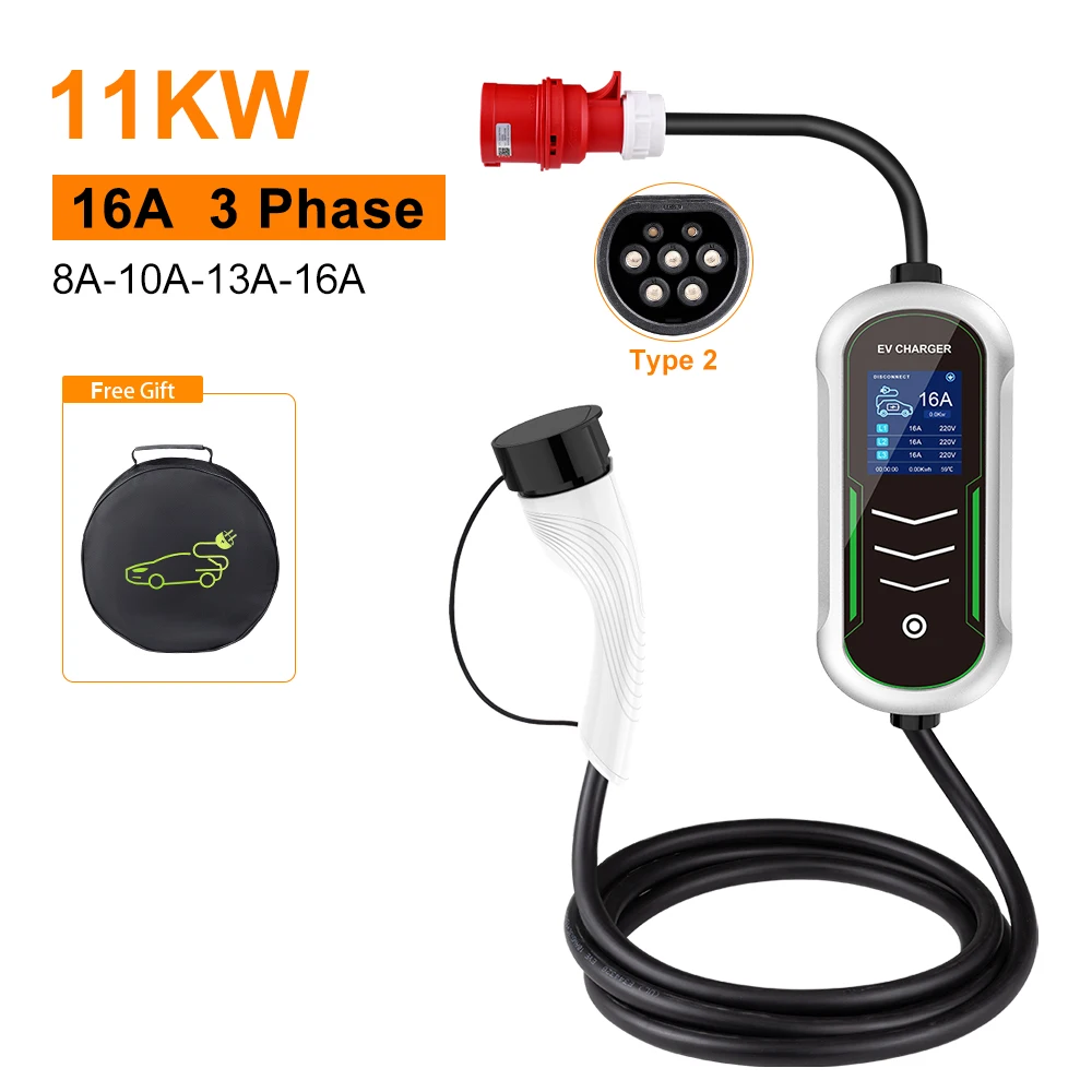 IPENGEN 11KW EV Portable Charger Type2 IEC62196-2 EVSE Charging Box CEE Plug Appointment Time Electric Vehicle Car Fast Charger