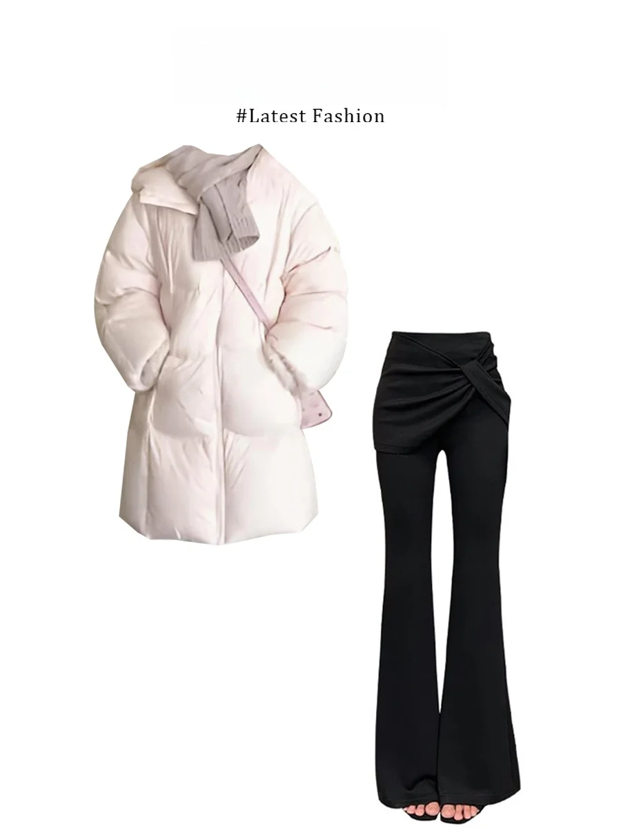 

Pink Loose Warm Long Cotton Jacket And Micro Flare Casual Pants Set Winter Fashionable Two-Piece Suit Korean Style Straight Leg