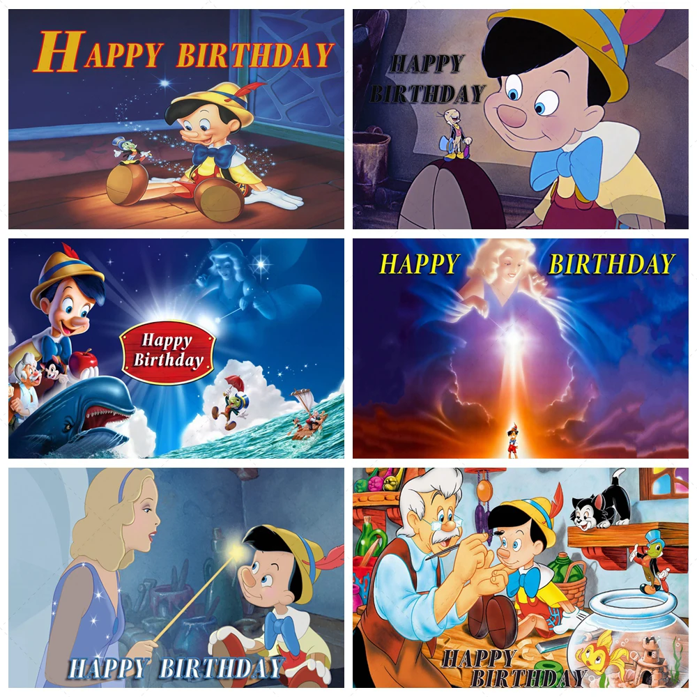 

Cartoon Boy Girl Birthday Banner Pinocchio Decoration Photography Puppet Background Happy Birthday Children Party Supplies Props