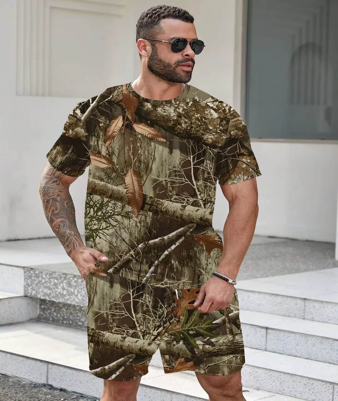 

Summer new men's set 3D printed Camouflage Hunting 3d Printed T-shirt Outdoor T-shirt Hip Hop casual fashion men's set