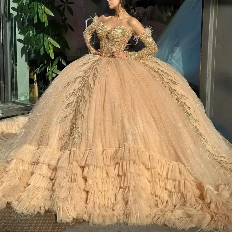 

Long Sleeves Quinceanera Dress Luxury Tulle Ruffles Sweet 15 Dresses Ball Gown Vestidos De 15 Quinceañera