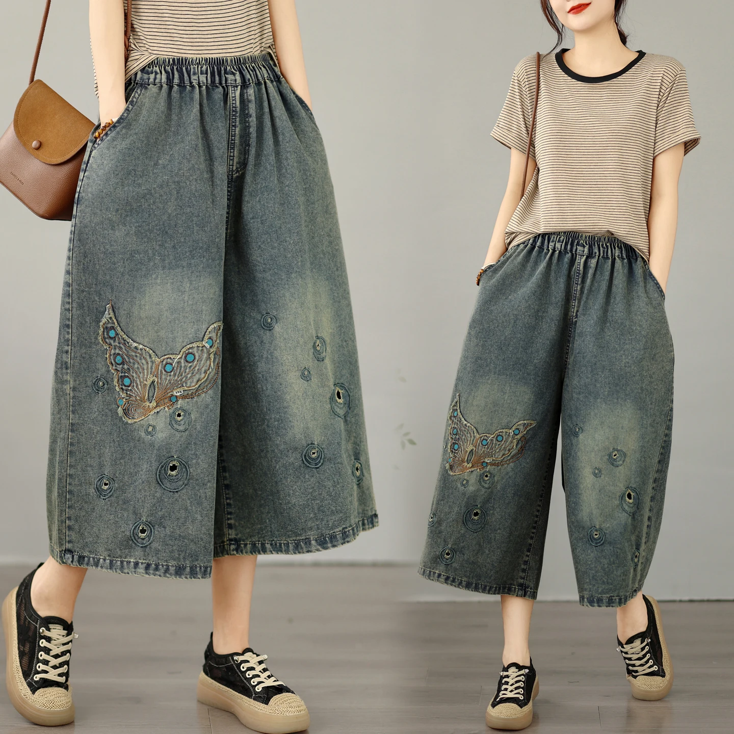 

Summer New plus Size Women's Loose Straight Leg Jeans Embroidered Floral Wide Leg Denim Casual High Waist Cotton Polyester