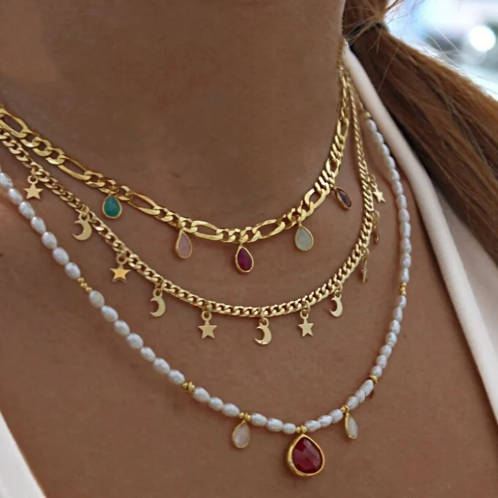 Summer Fashion Multilayer Handmade Mixed Chain For Woman Bohemian Necklaces Water Droplet Crystal Pendant Jewelry Gift 2023 New