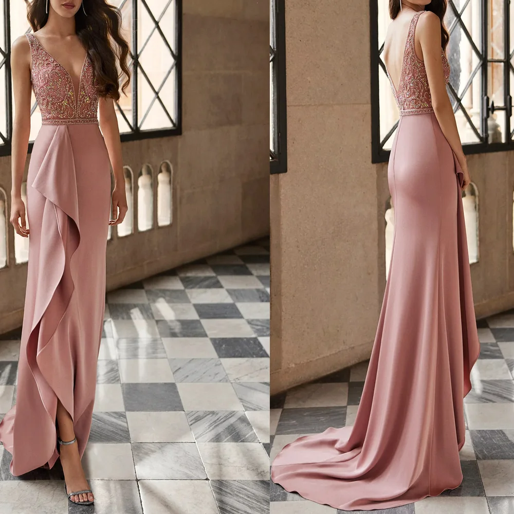 

Bridal Elegant V-neck Satin Sequins Corset Formal Evening Dress Sheath Backless Tiered Ruffles Prom Gown with Train Customized
