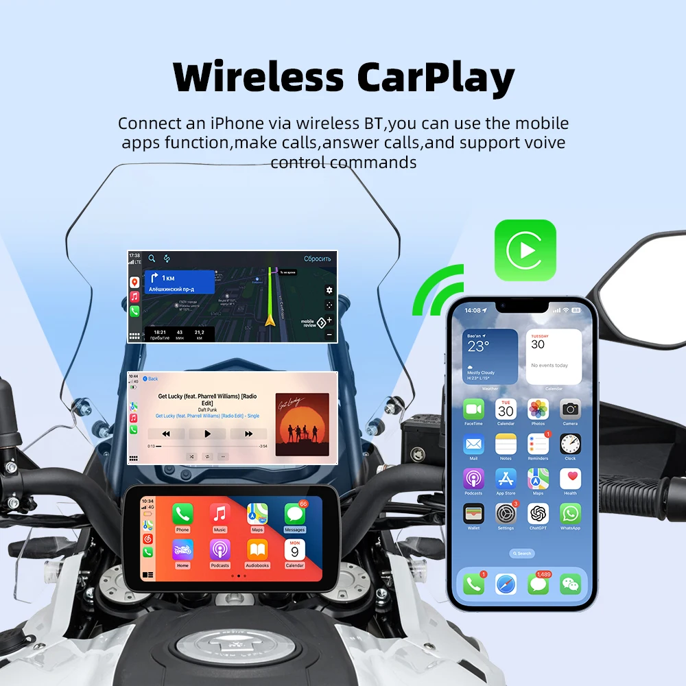 Maxca M6 Moto inalámbrico Android Auto Apple Carplay pantalla táctil de 6,25 pulgadas IPX7 impermeable, cámara Dual HD1080P DVR opcional