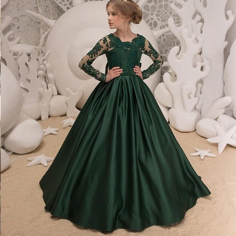 Dark Green Satin Girl Princess Flower Girl Dresses Appliques Long Birthday Pageant Communion Robe De Demoiselle Wedding Party