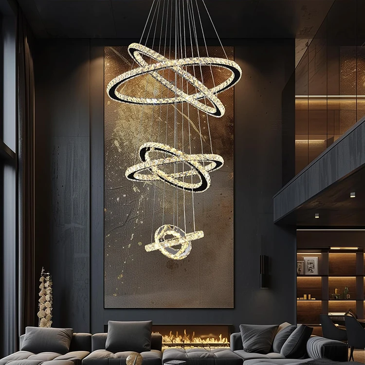 Hot Selling Living Room Lighting Modern Chrome Led Round Circle Ring Pendant Light Lobby Hotel Staircase Crystal Chandelier