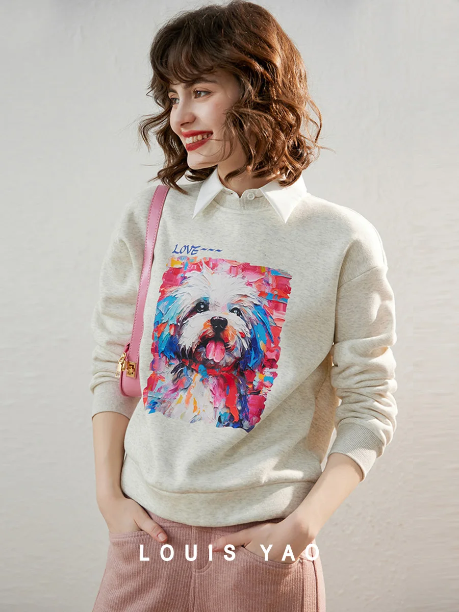 LOUIS YAO 2024 Winter Thick Fleece Round Neck Hoodie Fashionable Funny Dog Printed Long Sleeve Top for Women