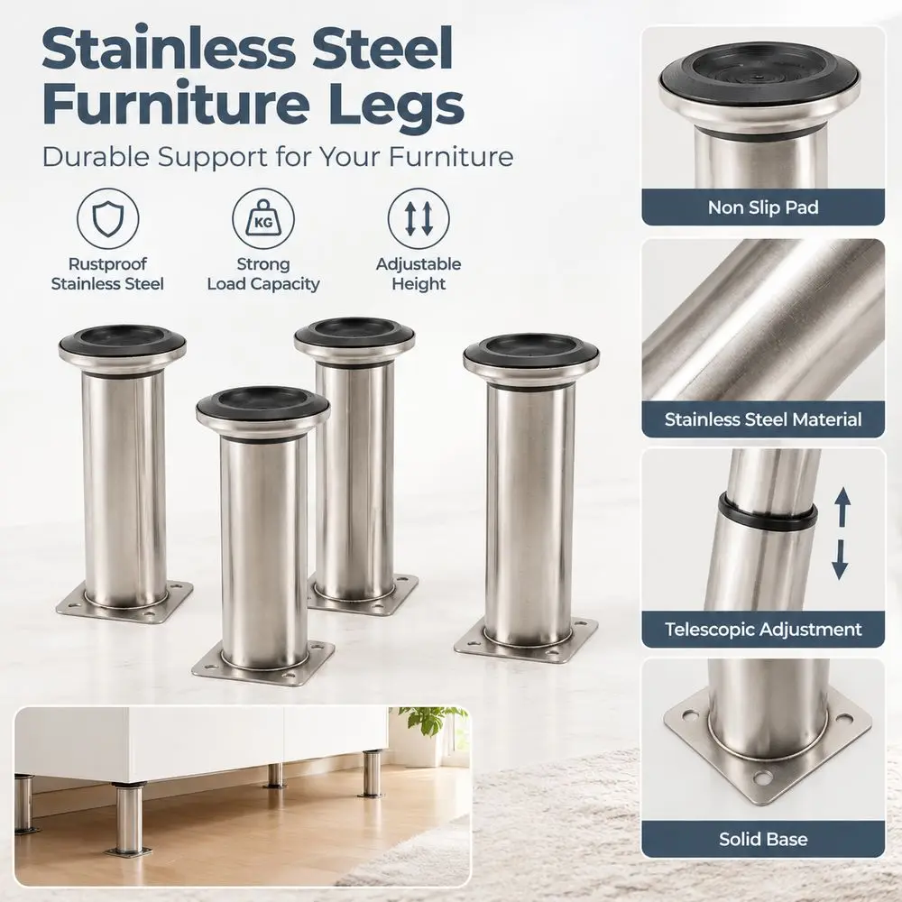 4pcs Practical Telescopic Furniture Legs Adjustable Stainless Steel Cabinet Legs Sturdy Sofa Legs Bed