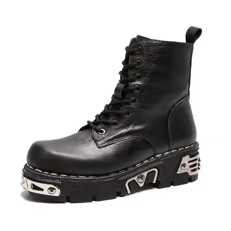 

New Fashion Men's Genuine Leather Motorcycle Boots Goth Punk Platform Rubber Black Warm Mid-Calf Combat Boots 48