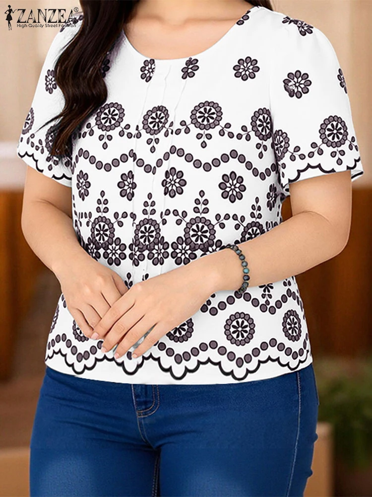 بلوزات صيفية للسيدات من ZANZEA بلوزة مطبوعة بالزهور قمصان كلاسيكية موضة 2025 بأكمام قصيرة سترة فضفاضة غير رسمية برقبة دائرية بلوزات كبيرة الحجم #1