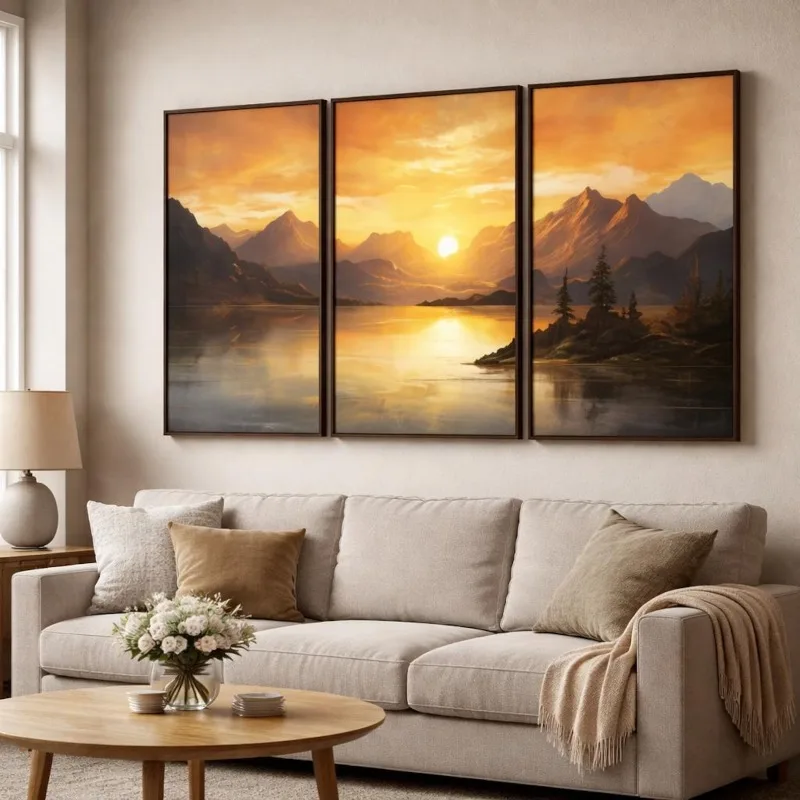 3PCS Frameless,Sunset Mountain Canvas Wall Art Set of 3: Lake Triptych Wall Decor Home Decor Frameless Canvas Art Wall Decoratio