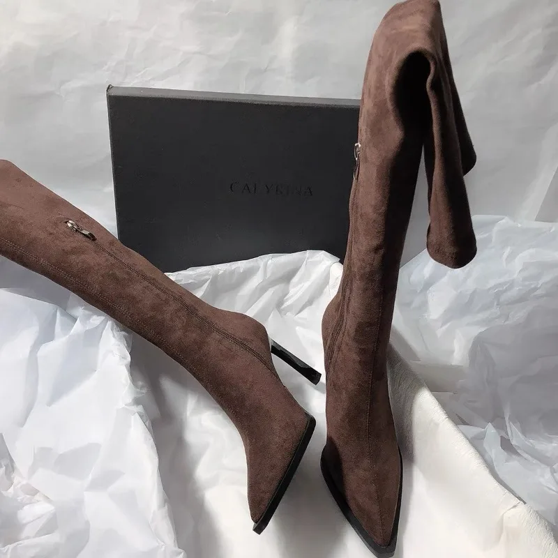

Women Suede Pointed Toe Knee Boot Fashion Classic Side Zipper Skinny High Heels Long Boots for Women Winter Comfort Women Shoes