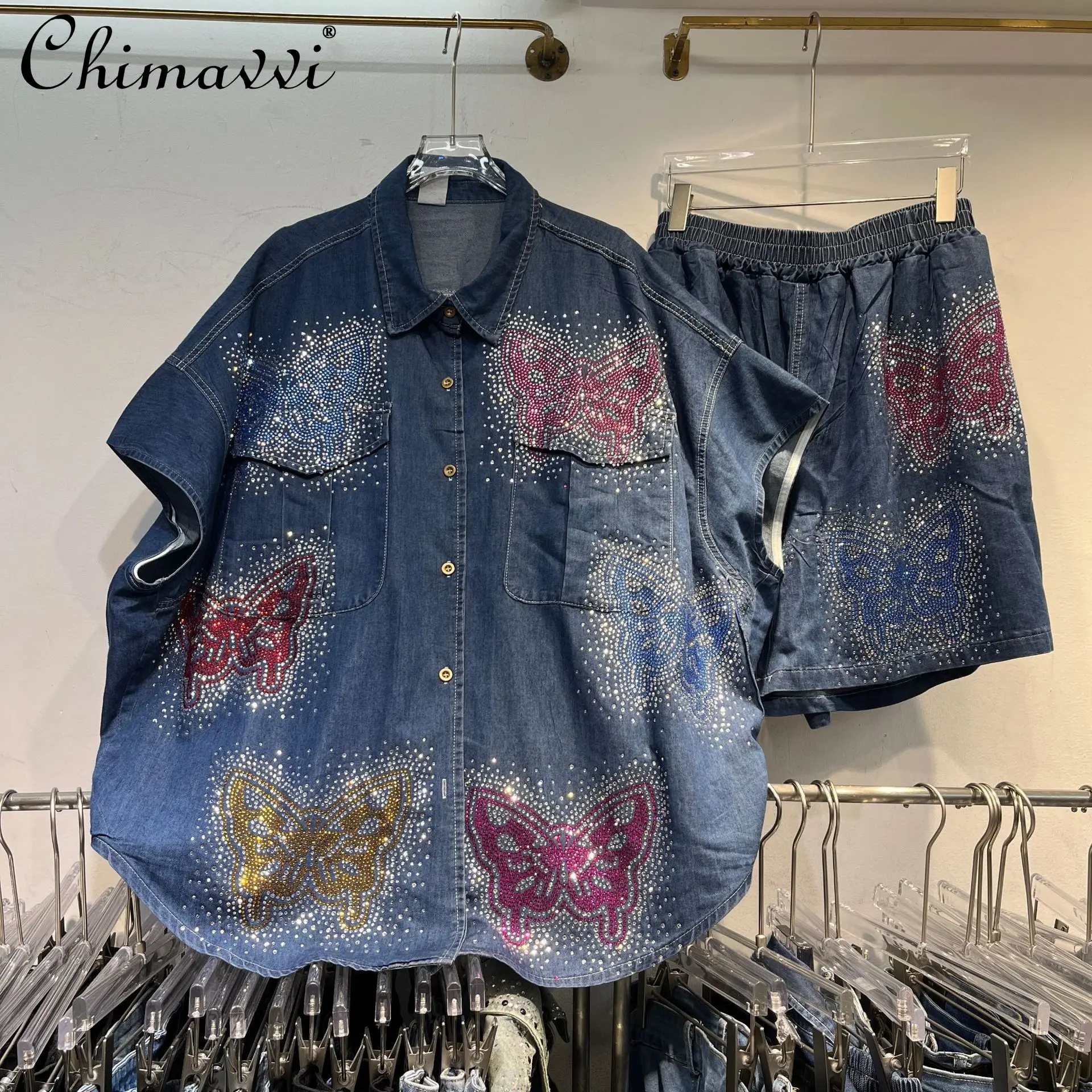 

Summer New Denim Suit Heavy Industry Butterfly Hot Diamond Denim Shirt Top Elastic Waist Shorts Two-piece Set Streetwear Outfits