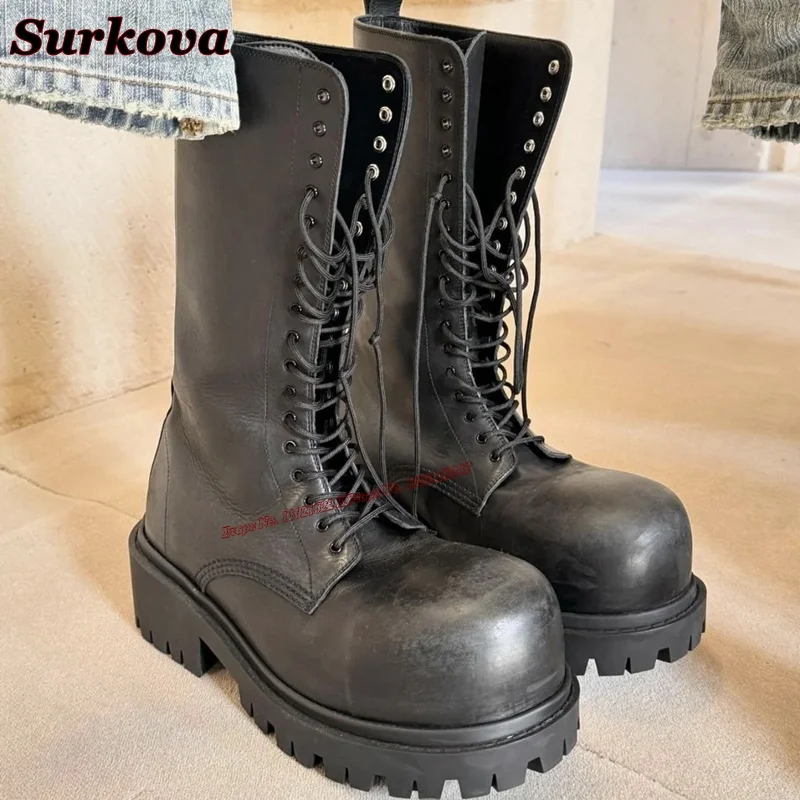 Black Leather Boots Women Round Head Non-Slip Gear Lace-Up Knight Boots Fashionable And Cool Catwalk Winter Platform Boots 40