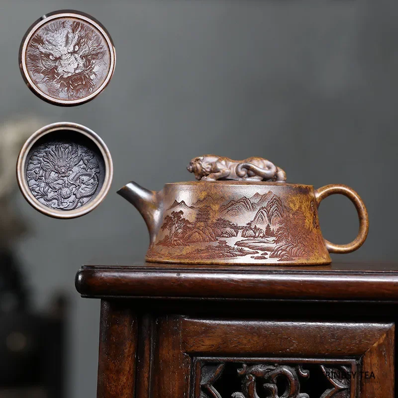 Chinese Yixing Handmade Purple Clay Teapot Creative Household Tea Pot Hand-carved Dragon Tiger Kettle Zisha Tea Set Gifts 220ml