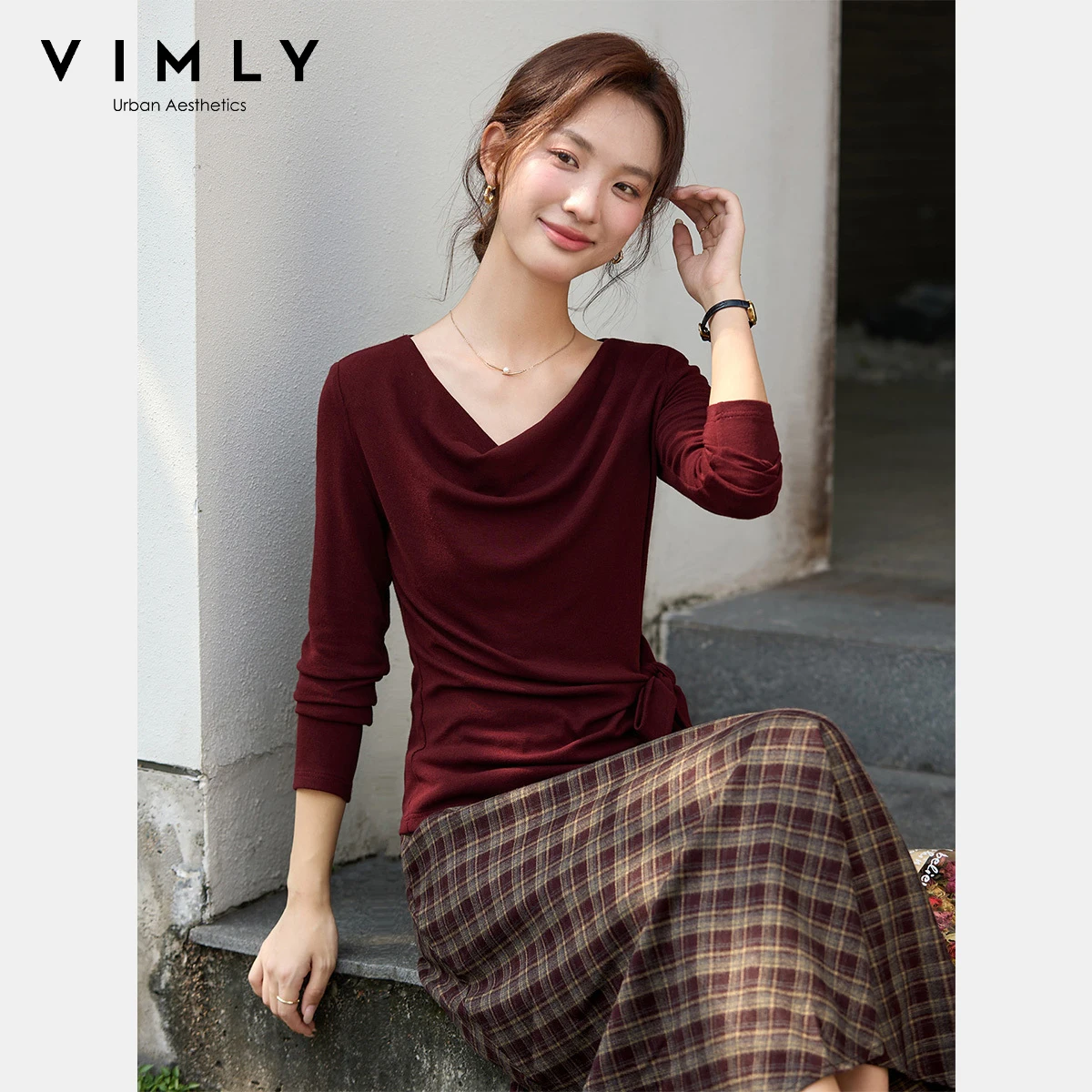 VIMLY 여성 티셔츠 캐주얼 가을 2025 사이드 타이 슬래시 넥 니트 여성 티셔츠 우아하고 섹시한 슬림 핏 긴팔 여성 상의 A3289