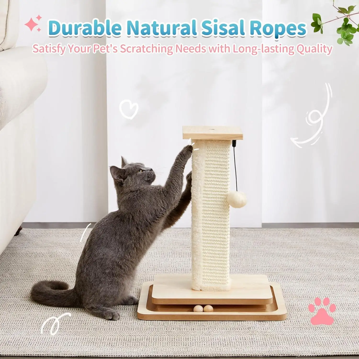 Rascador para gatos con sisal natural, peluche y pelota colgante - imagen 2