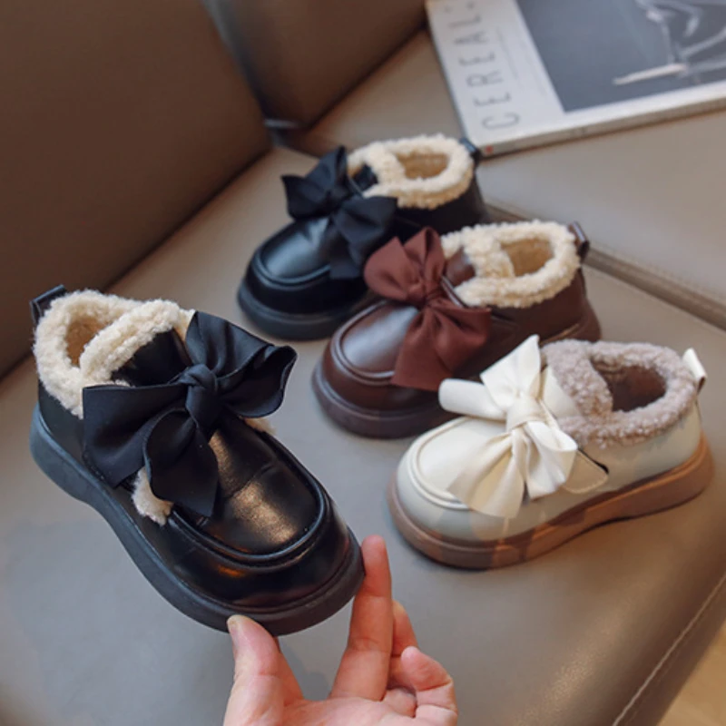 Zapatos Niña Kid Shoe Autumn Girl Plush Leather Boot Korean Edition Kid Bow Cotton Shoe Warm Leather Shoe Fashion Mary Jane Shoe