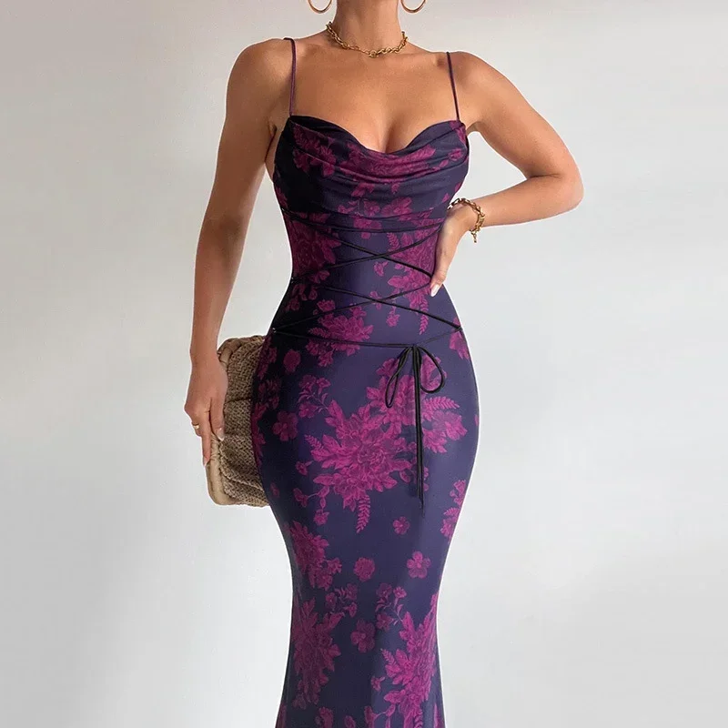 

Floral Print Criss Cross Bandage Maxi Dress Spaghetti Strap Backless Mermaid Long Dress Boho Style Summer Dress Women 2024