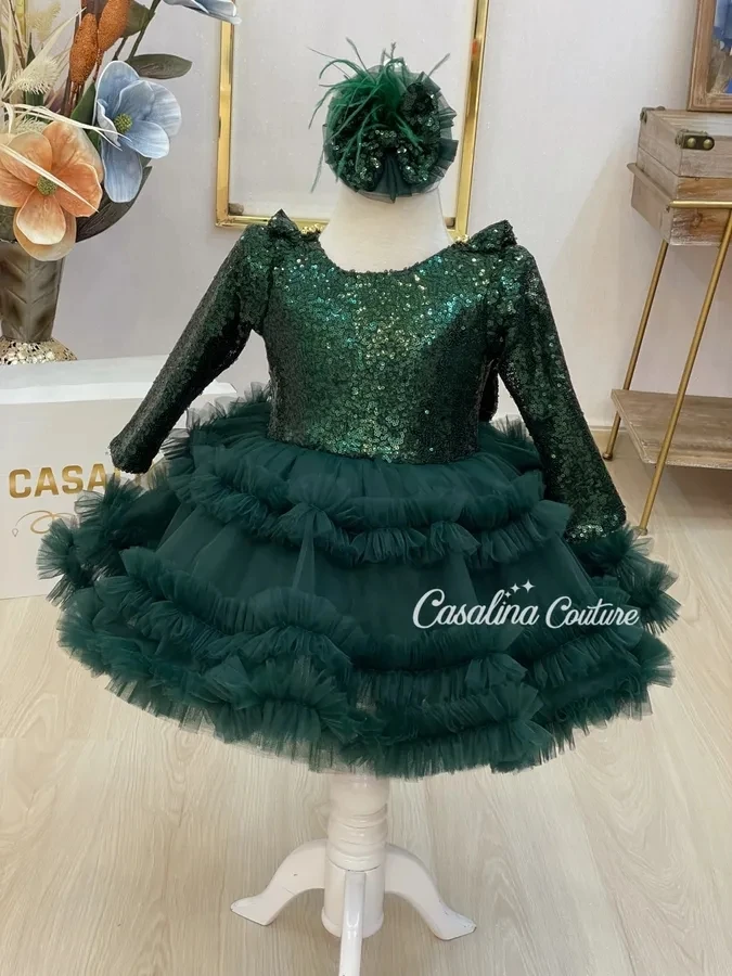 BABYONLINE-Vestido de Natal verde esmeralda para criança, menina, pendurar contas douradas, estrutura de saia em camadas, domina sob o cinto