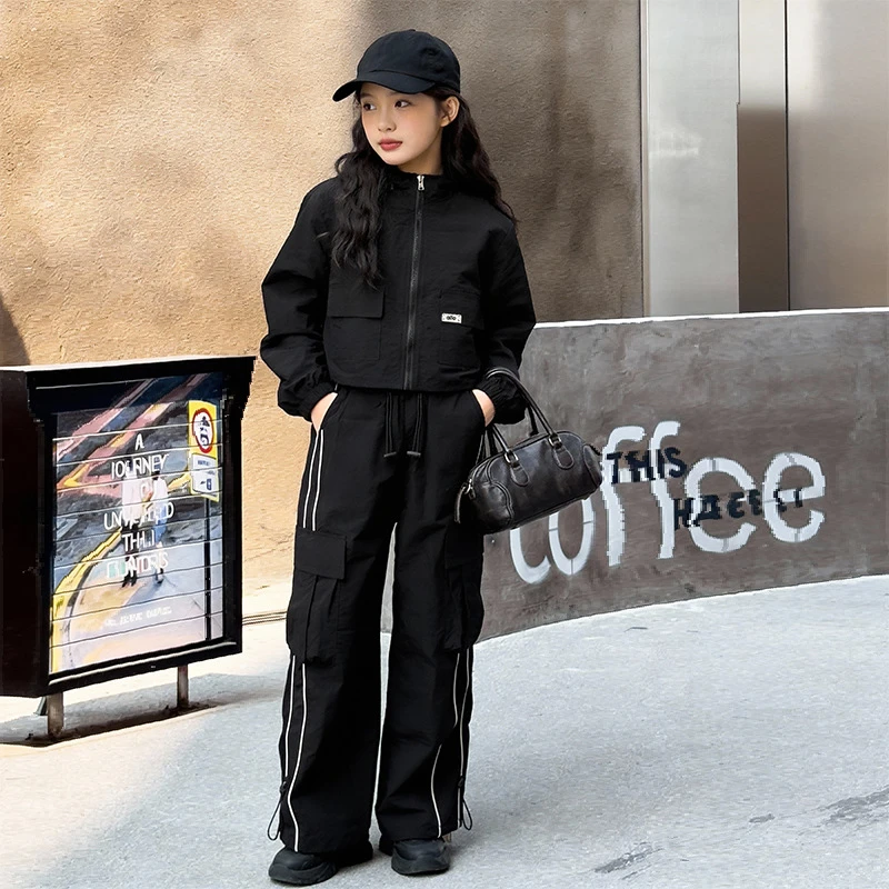 Girls' Autumn Trendy Cool Set 2026 New Big Kids' Zippered Hoodie Jacket+Wide Leg Pants Children's Korean Fashion Two Piece Set 5