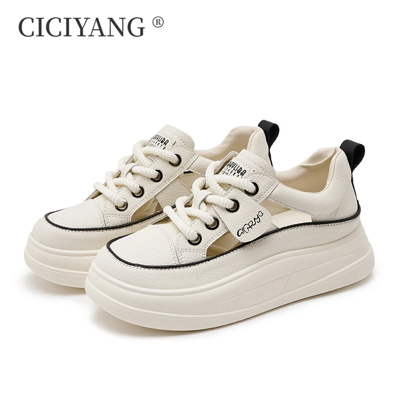 CICIYANG Sandals Women Genuine Leather 2025 Summer New Hollow Little White Shoes Ladies Ugly Cute Sports Shoes Platform Sneakers