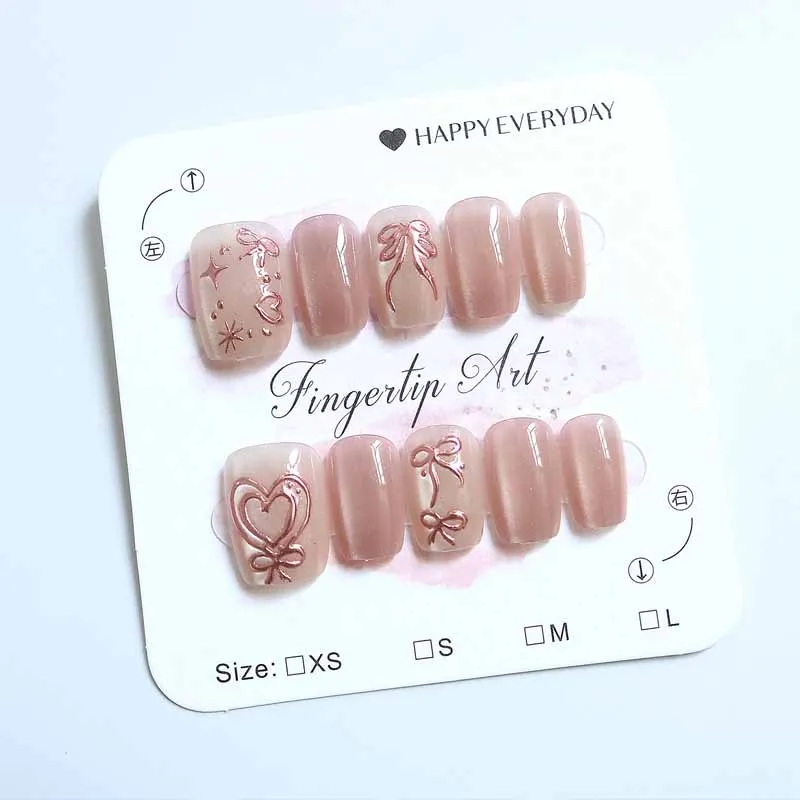 10Pcs Pink Sweetheart Sweet Princess Style Temperament Rose Gold Handmade Press on Nails Bowknot Star Gilded Manicure Fake Nails
