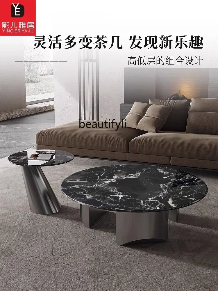 

P Italian minimalist natural marble coffee table black rose living room luxury stone suspended round coffee table