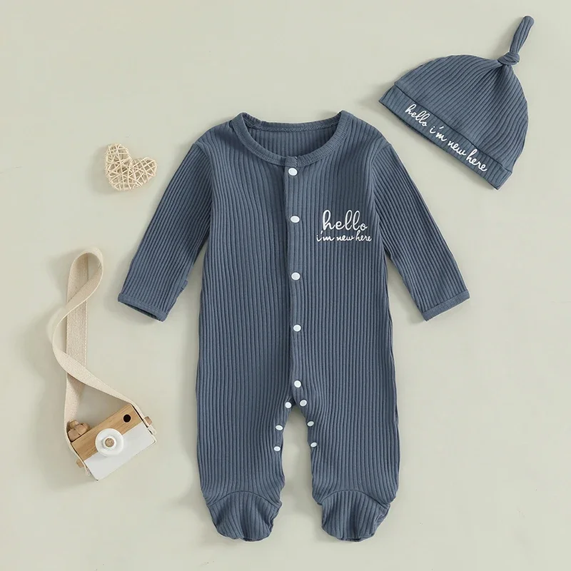 Baby Boy Footie Romper Casual Letter Print Long Sleeve Jumpsuit and Cute Hat Set for Infant Toddler Fall Outfit