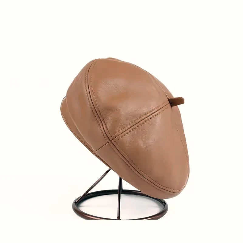 100% Real Leather Octagonal Hat for Women Fall Winter Retro Casual Beret Cap Fashion Ladies Sheepskin Newsboy Cap Painter Caps