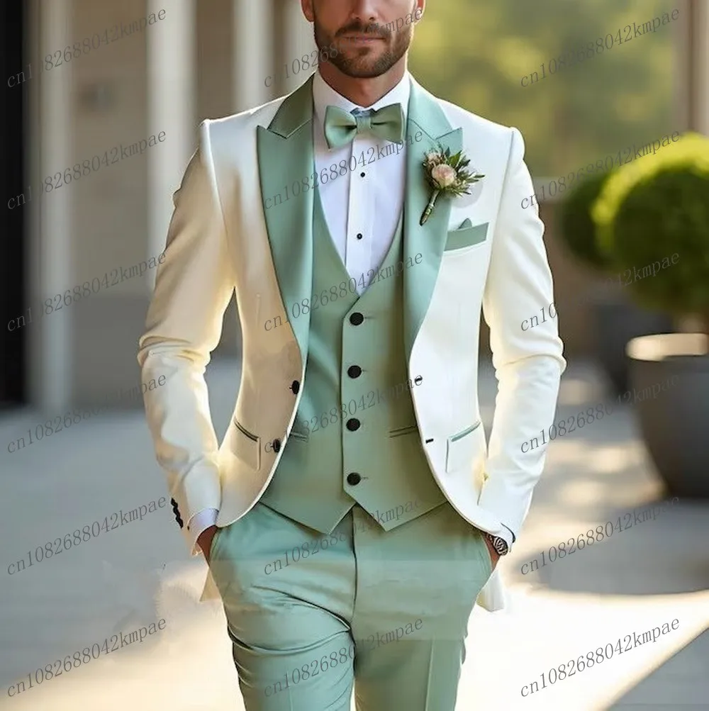 

White And Mint Green Formal Men Suit Groom Groomsman Wedding Party Prom Business Male Tuxedos 3 Piece Set Blazer Vest Pants