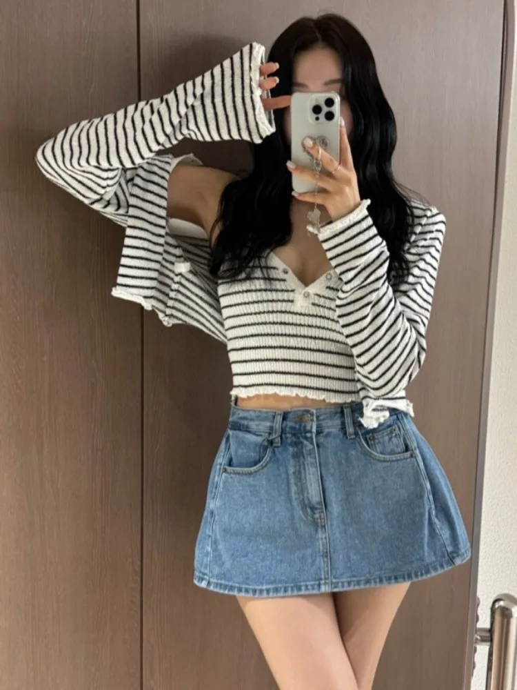 

Dongda Gate Sweet Color Colion Wooden Stripe Strap Vest Long Sve Pad oulder Small Open Cardigan Two-Piece Set