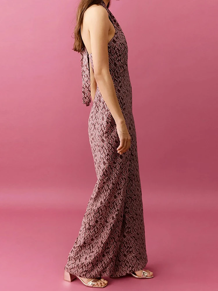 

Summer New High Waist Halter Playsuits Overalls Vintage Pattern Printed Off Shoulder Jumpsuit Elegant Lady Slim Wide Leg Rompers