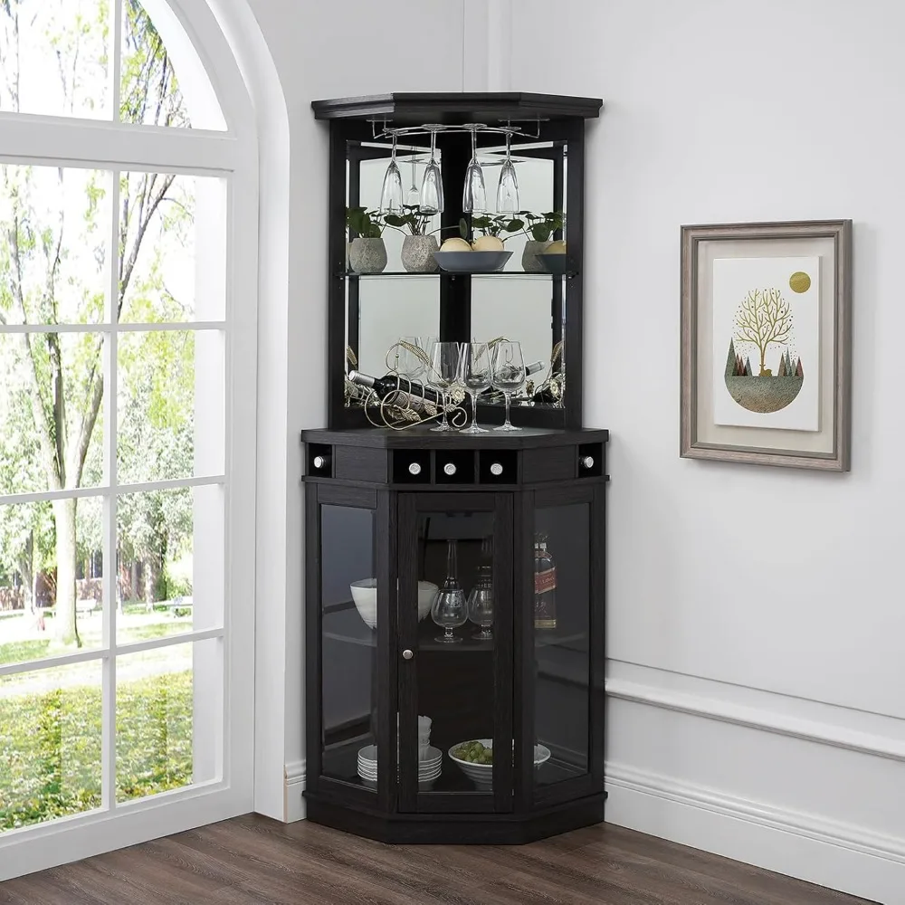 Home Source Corner Bar Unit 73" Charcoal with Two Glass Shelves, built-in Wine Rack, | storage | Living Room, Home Office,